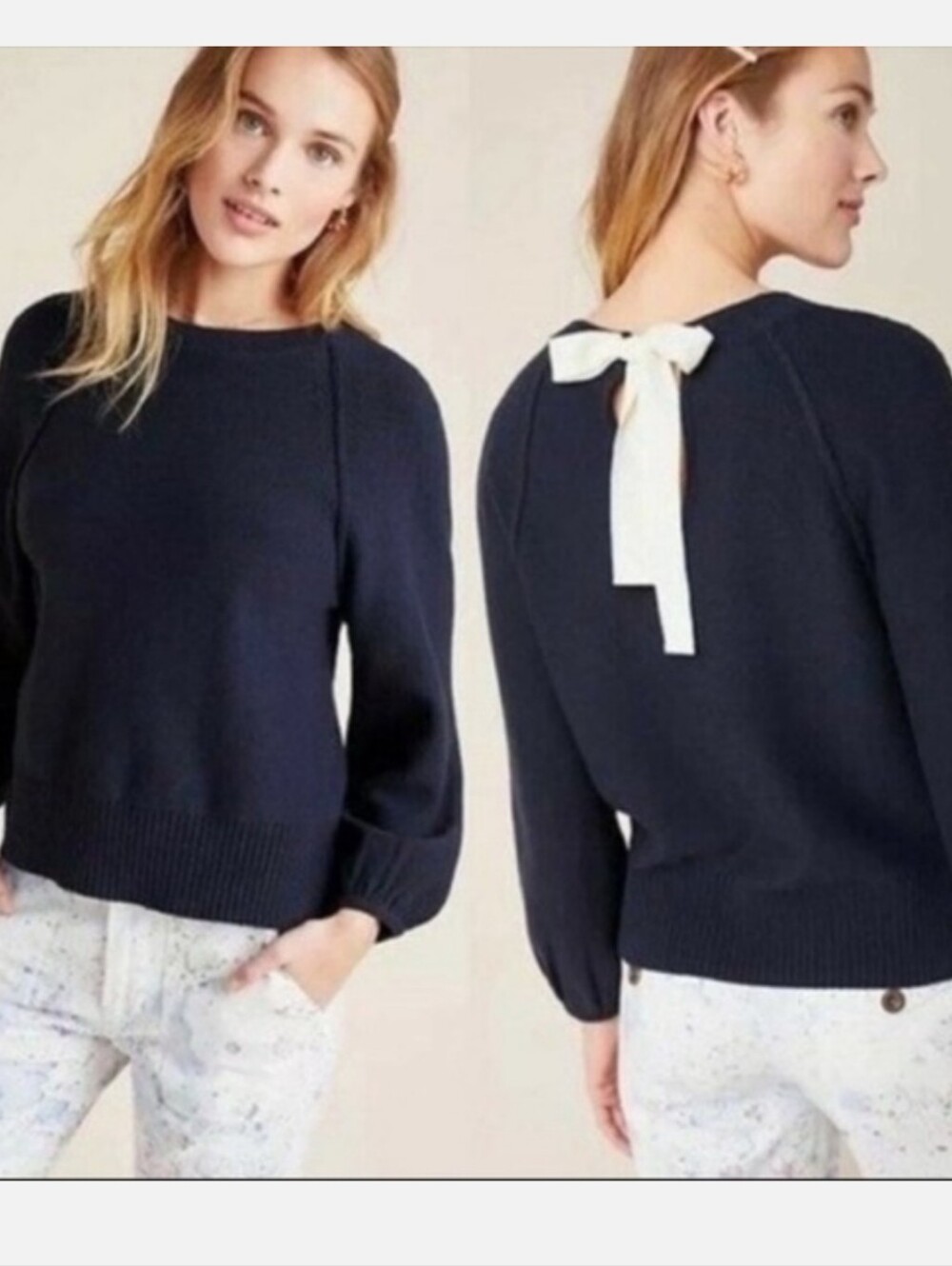 Anthropologie Navy Emily Puff Sleeve Women's Sweater With Decorative Back Tie XS